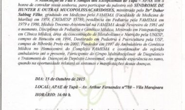 Síndrome de Hunter será tema de palestra na APAE de Tupã