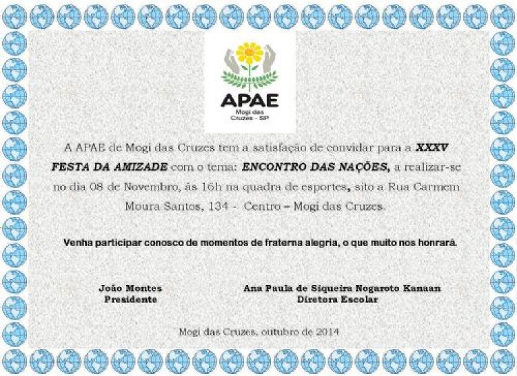 APAE de Mogi das Cruzes convida para a 35ª Festa da Amizade