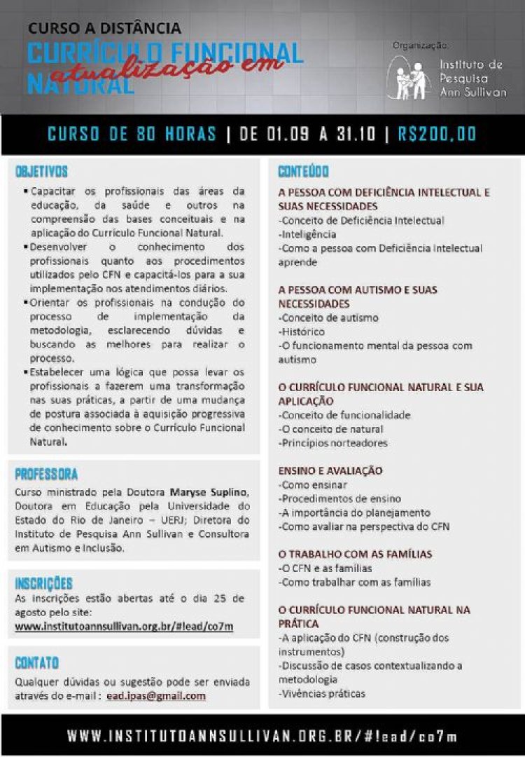 Curso de 80h sobre Currículo Funcional Natural está com inscrições abertas