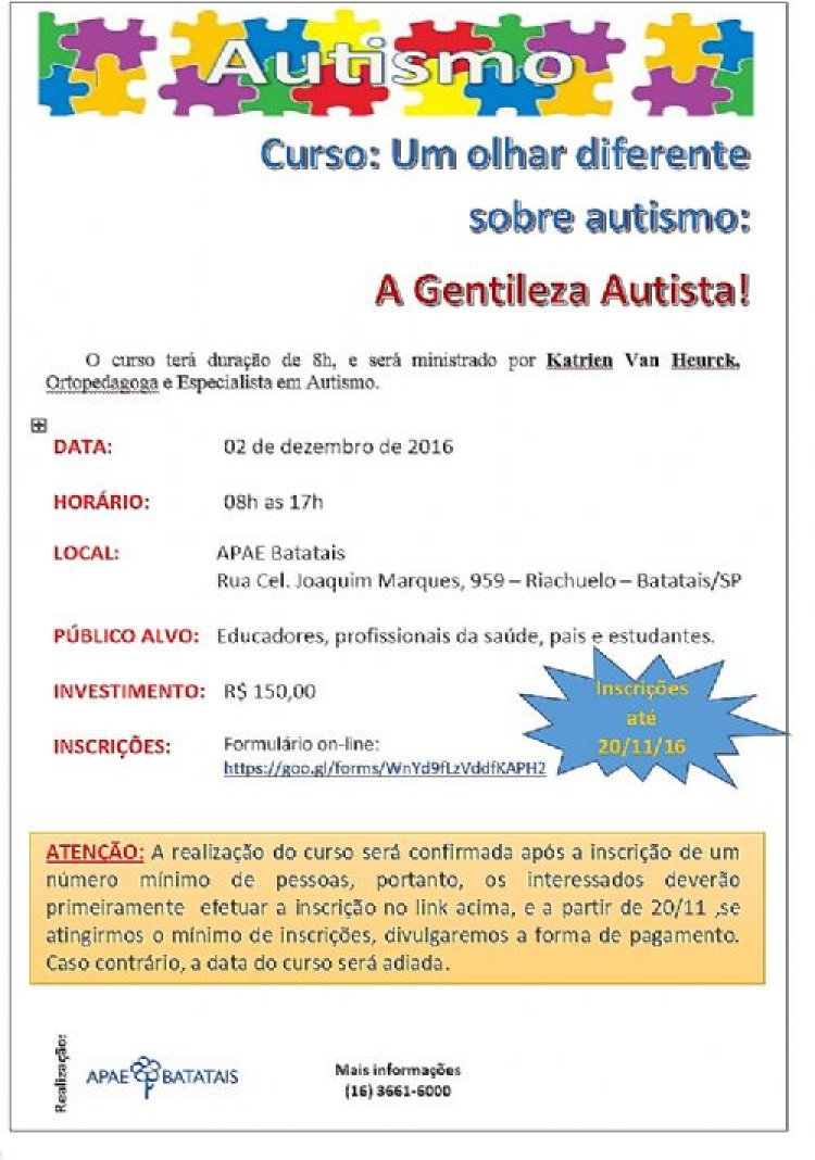 APAE Batatais promove curso sobre Autismo