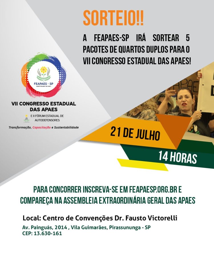 FEAPAES-SP sorteia 5 pacotes de quartos duplos para o VII Congresso Estadual das APAES