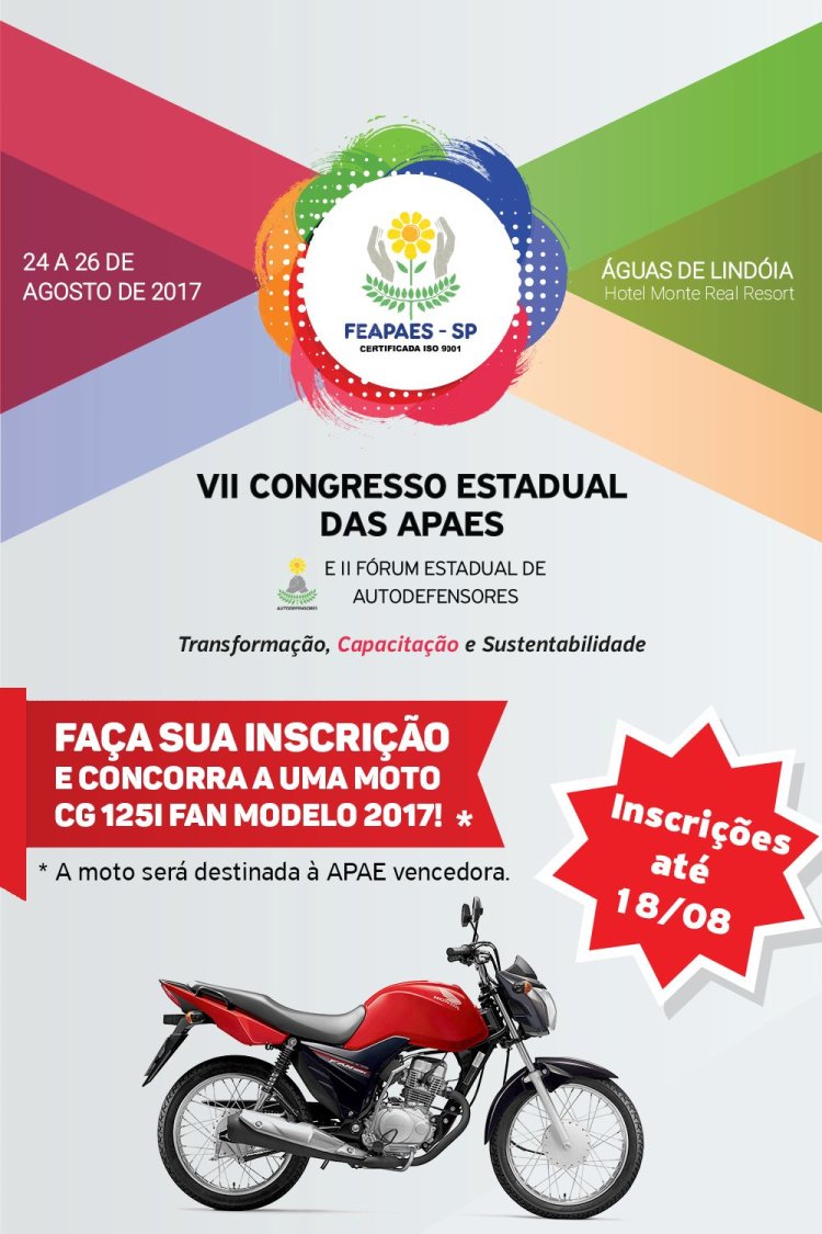 APAES que participarem do Congresso Estadual vão concorrer a uma moto zero quilômetro