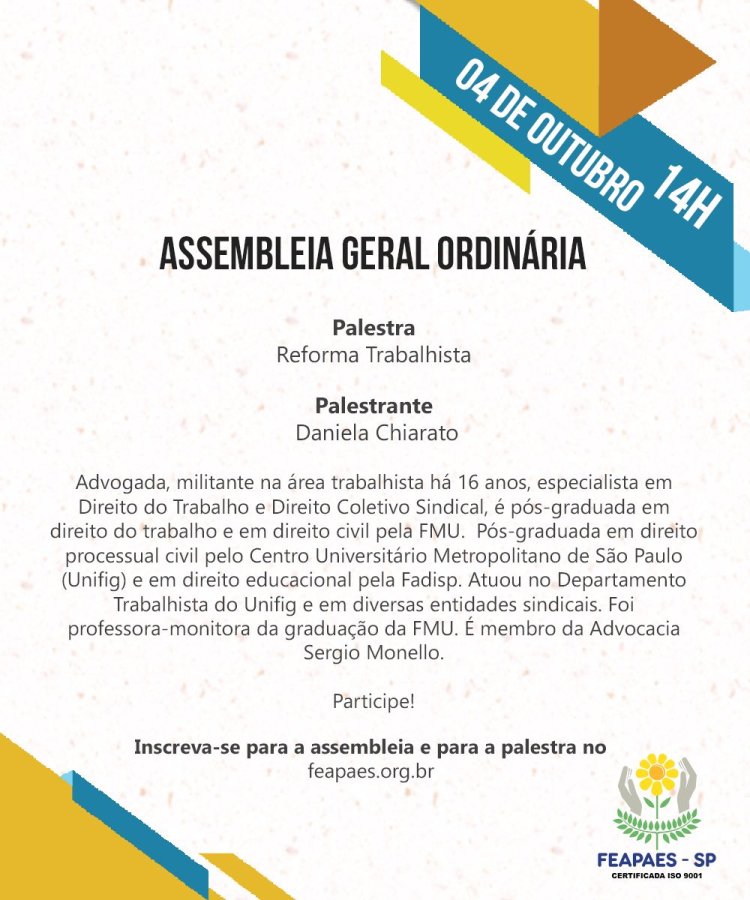 Palestra sobre reforma trabalhista acontecerá no dia da Assembleia