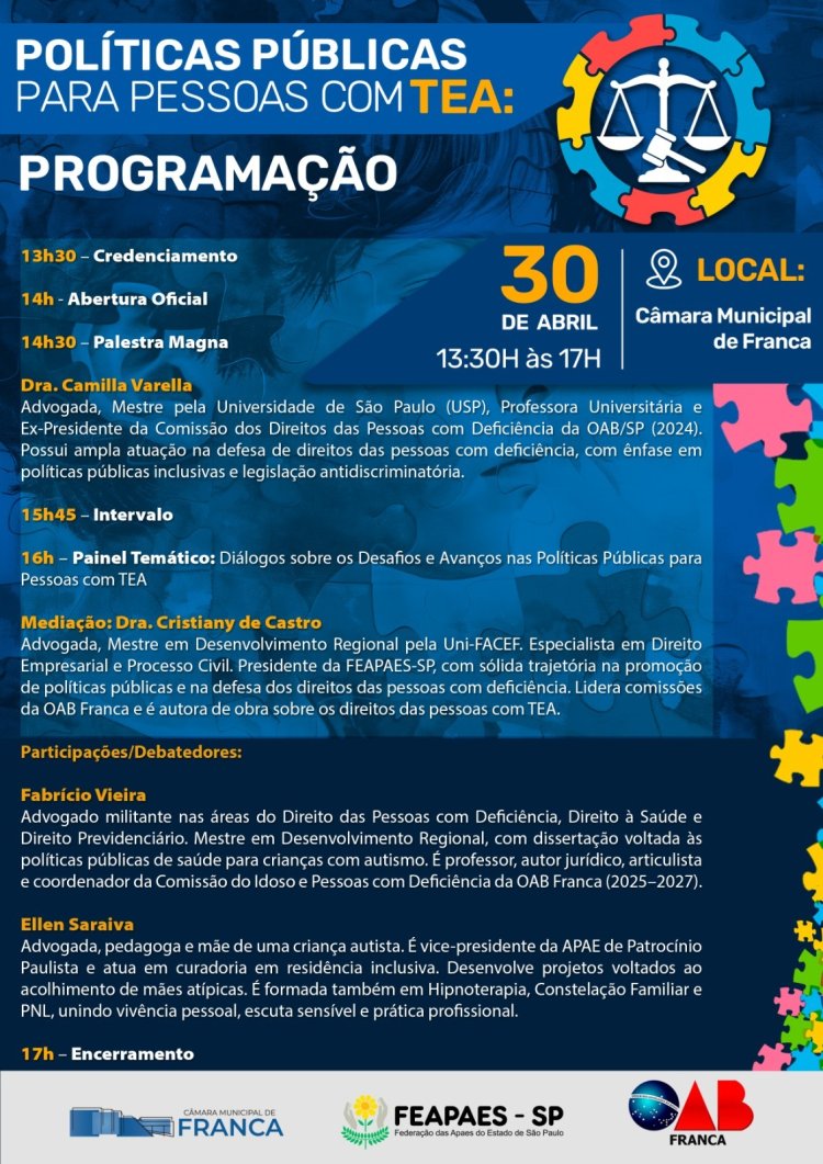 FEAPAES-SP apoia evento sobre Políticas Públicas para Pessoas com TEA na Câmara Municipal de Franca