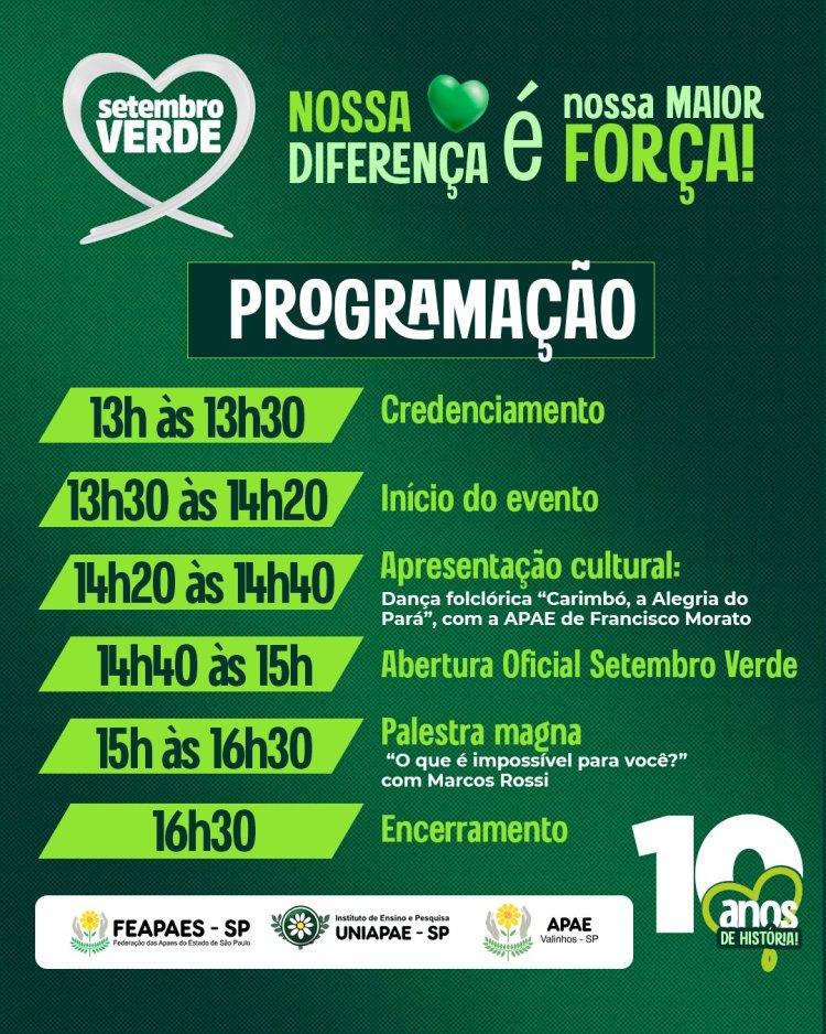 FEAPAES-SP divulga programação da abertura oficial do Setembro Verde – 10 anos