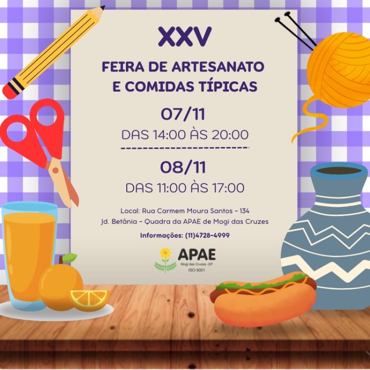 APAE de Mogi realiza a XXV Feira de Artesanato e Comidas Típicas nos dias 7 e 8 de novembro